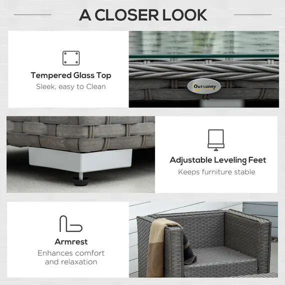Buy Outsunny 6PC Garden Rattan Sofa Set Bonzer Outdoor Furniture Patio Table Loveseat Stool Lounging Ottoman Aluminium Frame Wicker Weave Conservatory Grey, 7 image