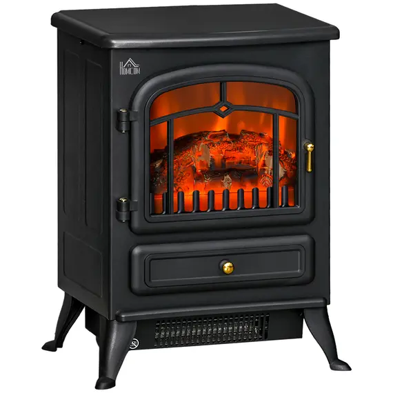 Buy HOMCOM Freestanding Electric Fireplace Indoor Heater Glass View Log Wood Burning Effect Flame Portable Fireplace Stove 950/1850W Black