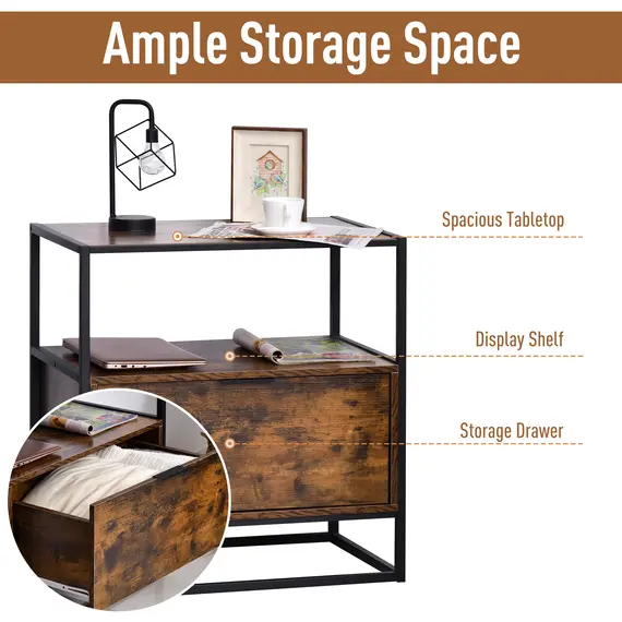 Buy Industrial-Style Side Table w/ Drawer Open Shelf Steel Frame Large Base Two-Tone Retro Stylish Home Furniture Bedroom Living Room, 4 image
