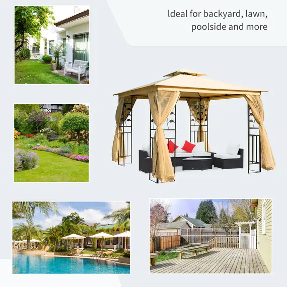 Buy Outsunny 3(m) x 3(m) Garden Gazebo, Double Roof Outdoor Gazebo Canopy Shelter with Netting, Solid Steel Frame, for Garden, Lawn and Deck, Beige, 7 image