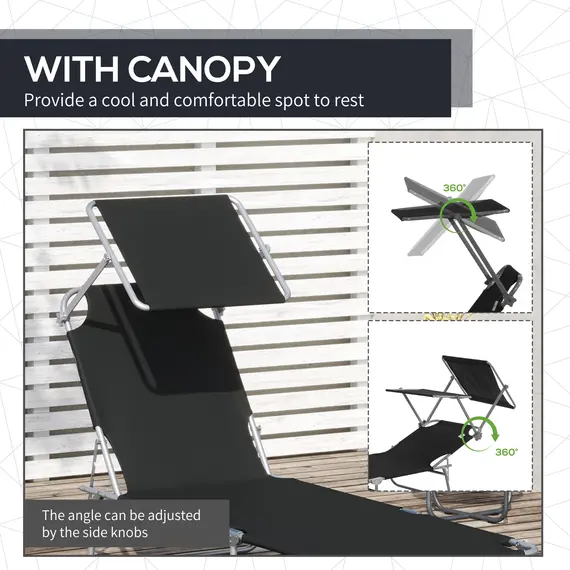 Buy Outsunny Outdoor Foldable Sun Lounger, 4 Level Adjustable Backrest Reclining Sun Lounger Chair with Angle Adjust Sun Shade Awning for Beach, Garden, Patio, Black, 6 image