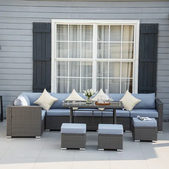 Buy Outsunny 9-Seater Garden Rattan Furniture 10 Pcs Rattan Corner Dining Sofa Set, Grey/Dusty Blue Cushion, 2 image