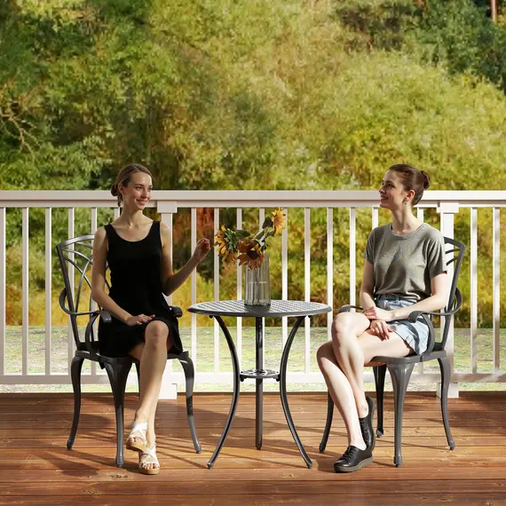 Buy Outsunny 3 Pieces Garden Dining Set for 2, Cast Aluminium Outdoor Dining Set with 2 Armchairs and Round Dining Table with Parasol Hole, Garden Furniture Bistro Set, Brown, 9 image