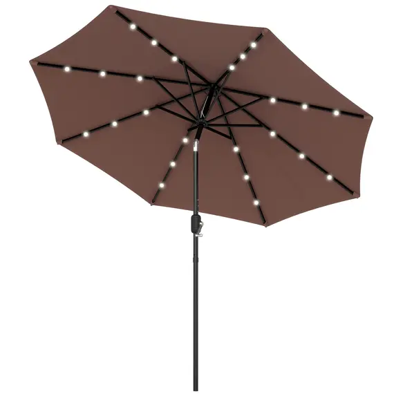 Buy Outsunny Φ2.7m Garden 24 LED Light Parasol Solar Outdoor Tilt Sun Umbrella Patio Club Party Event Manual Sun Shade w/ Hand Crank and 8 Ribs, Brown