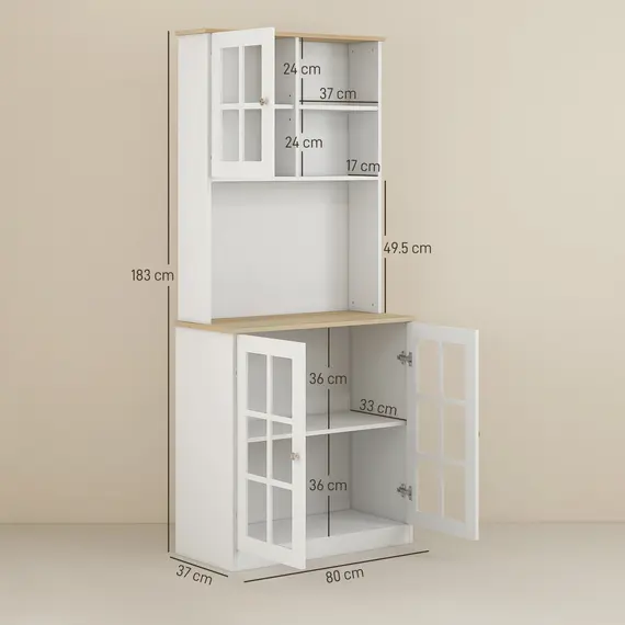 Buy Freestanding Kitchen Cupboard, Storage Cabinet with Doors and Adjustable Shelves, Counter Top, Grid Glass Doors, 80L x 37W x 183H cm - White, 3 image