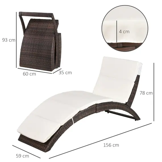 Buy Outsunny Folding Sun Lounger, PE Rattan Garden Lounger Chair with Soft Padded Cushion, Ergonomic Curved Design Sun Bed for Balcony, Garden, Brown, 3 image