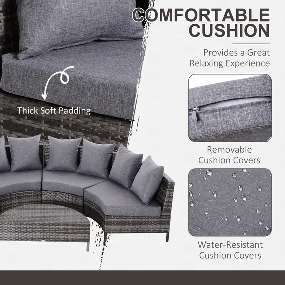 Buy 5 Pieces Rattan Garden Furniture Set, 4 Seater Half-Round Garden Sofa Set with Thickened Cushions, Wicker Conservatory Furniture with 4 Chairs, Rattan Coffee Table and Pillows, Grey, 4 image