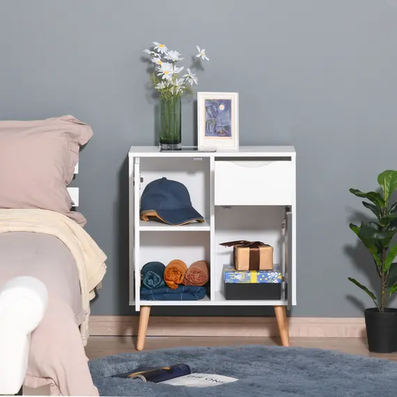 Buy HOMCOM Sideboard Floor Cabinet Storage Cupboard with Drawer and Solid Wood Legs for Bedroom, Living Room, Entryway, Grey, 7 image