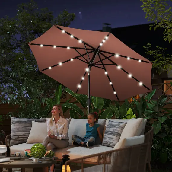 Buy Outsunny Φ2.7m Garden 24 LED Light Parasol Solar Outdoor Tilt Sun Umbrella Patio Club Party Event Manual Sun Shade w/ Hand Crank and 8 Ribs, Brown, 2 image