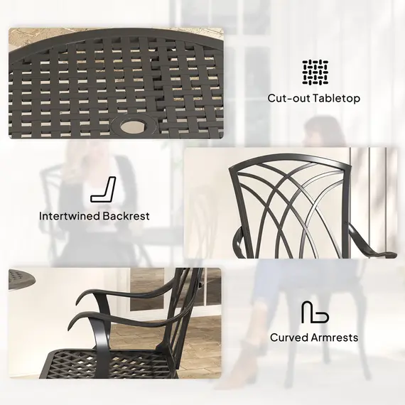 Buy Outsunny 3 Pieces Garden Dining Set for 2, Cast Aluminium Outdoor Dining Set with 2 Armchairs and Round Dining Table with Parasol Hole, Garden Furniture Bistro Set, Brown, 8 image