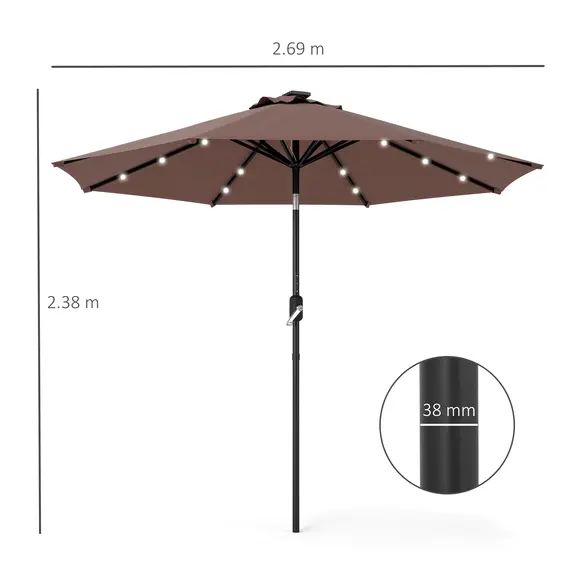 Buy Outsunny Φ2.7m Garden 24 LED Light Parasol Solar Outdoor Tilt Sun Umbrella Patio Club Party Event Manual Sun Shade w/ Hand Crank and 8 Ribs, Brown, 3 image