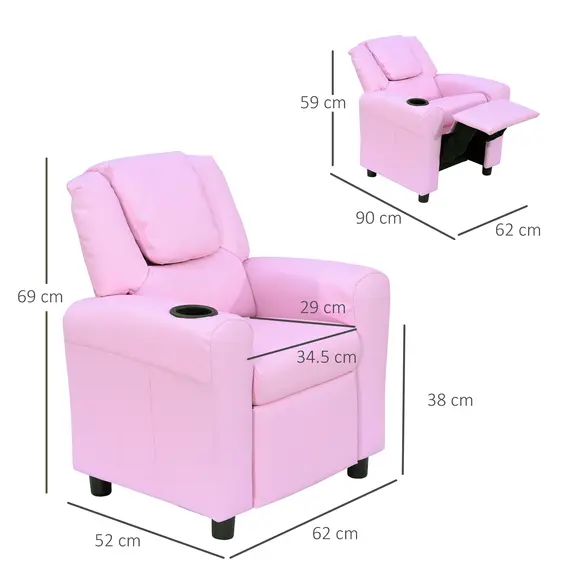Buy HOMCOM Kids Recliner Chair, PU Leather with Adjustable Backrest, Footrest, Padded Headrest, Pink, 3 image