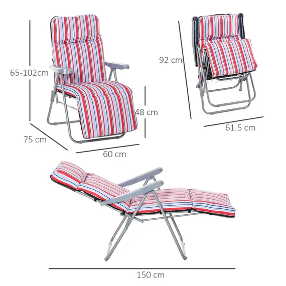 Buy Outsunny Set of 2 Garden Sun Lounger Outdoor Reclining Seat Cushioned Seat Foldable Adjustable Recliner Red and White, 3 image