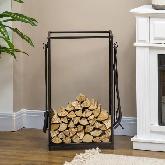 Buy HOMCOM Steel Firewood Log Holder Indoor Outdoor Firewood Rack Fireplace Wood Storage Shelf with 4 Tools, Hooks, Tree Pattern Design, Rust-Resistant, Black, 46W x 30D x 70H cm, 7 image