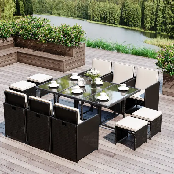 Buy Outsunny Rattan Dining Set Garden Furniture Patio set 11 PC with Cushion Black /Milk White, 2 image