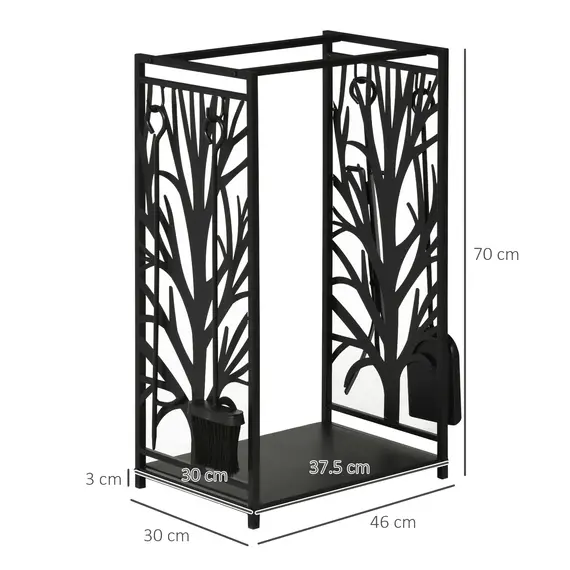 Buy HOMCOM Steel Firewood Log Holder Indoor Outdoor Firewood Rack Fireplace Wood Storage Shelf with 4 Tools, Hooks, Tree Pattern Design, Rust-Resistant, Black, 46W x 30D x 70H cm, 3 image