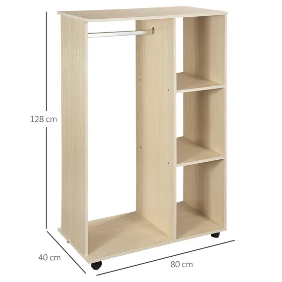 Buy Open Wardrobe on Wheels, Bedroom Wardrobe with Clothes Hanging Rail, 3 Storage Shelves, Mobile Garment Rack for Cloakroom, Hallway, Maple Wood-Effect, 3 image