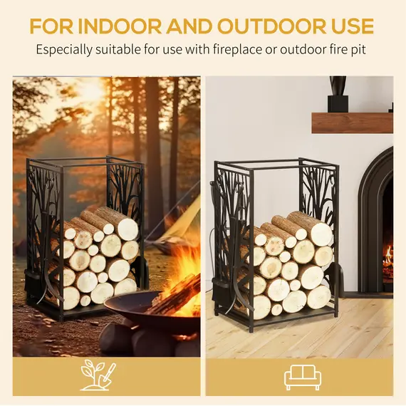 Buy HOMCOM Steel Firewood Log Holder Indoor Outdoor Firewood Rack Fireplace Wood Storage Shelf with 4 Tools, Hooks, Tree Pattern Design, Rust-Resistant, Black, 46W x 30D x 70H cm, 6 image