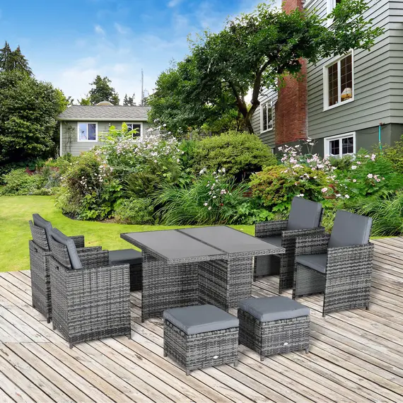 Buy 8-Seater Rattan Dining Set Garden Furniture Cushion Seat Woven Rattan Grey, 2 image