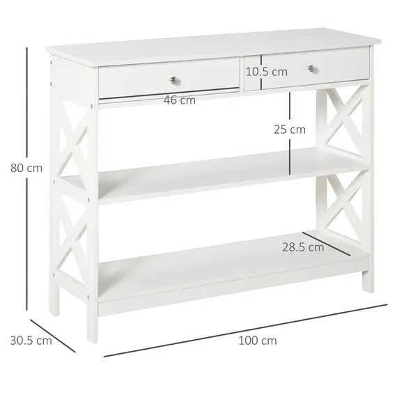 Buy Console Table Side Desk w/ Shelves Drawers Open Top X Support Frame Living Room Hallway Home Office Furniture White, 2 image