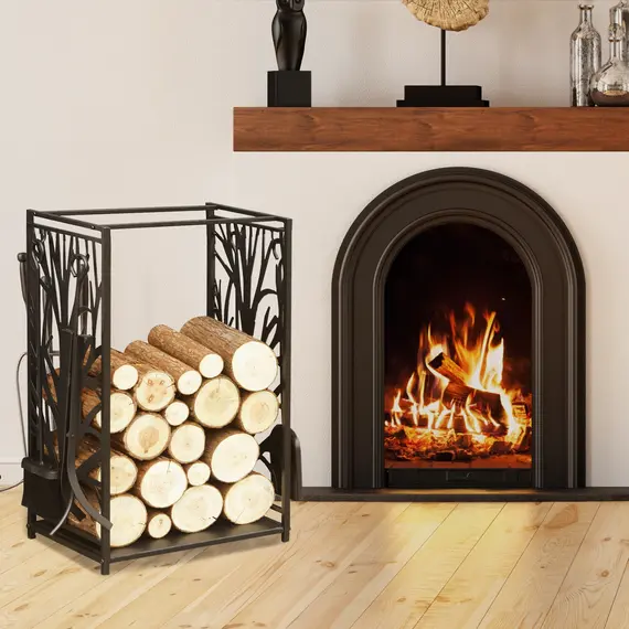 Buy HOMCOM Steel Firewood Log Holder Indoor Outdoor Firewood Rack Fireplace Wood Storage Shelf with 4 Tools, Hooks, Tree Pattern Design, Rust-Resistant, Black, 46W x 30D x 70H cm, 2 image