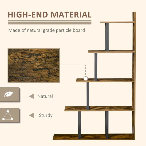 Buy 5-Tier Bookcase, Wooden Ladder Bookshelf Display Stand, Rustic Brown, 5 image