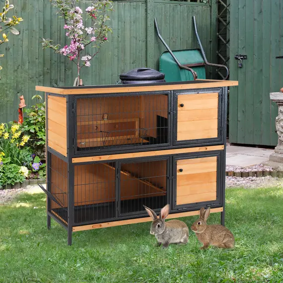 Buy Rabbit Hutch Outdoor Guinea Pig Hutch Bunny Cage Metal Frame with  No-Leak Tray Openable Roof Light Yellow 122 x 50 x 101cm, 2 image