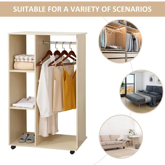 Buy Open Wardrobe on Wheels, Bedroom Wardrobe with Clothes Hanging Rail, 3 Storage Shelves, Mobile Garment Rack for Cloakroom, Hallway, Maple Wood-Effect, 4 image