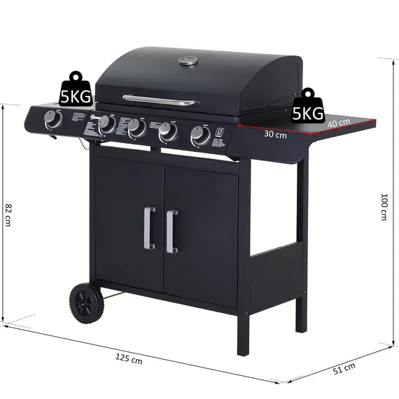 Buy Outsunny 4+1 Burner Gas BBQ Grill, Outdoor Barbecue Trolley with Wheels, Warming Rack, Side Shelves, Cabinet, Thermometer for Garden, Party, Camping, 125 L x 51 W x 100 H cm, Black, 3 image