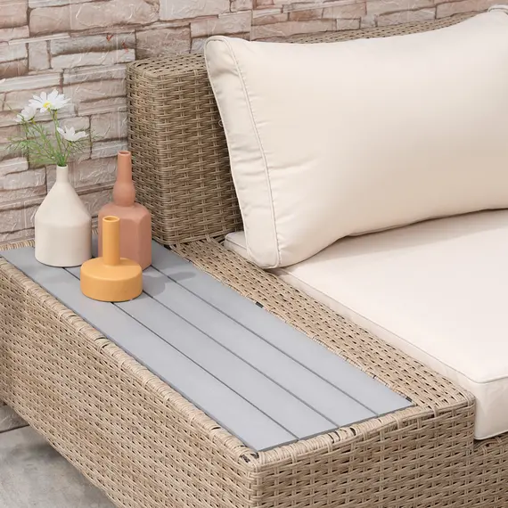 Buy Outsunny 4 Pieces Rattan Garden Furniture Set, Garden Corner Sofa with Side Trays, Wicker Conservatory Furniture Set with Loveseats, Slatted Plastic Top Coffee Table and Cushions, Beige, 9 image