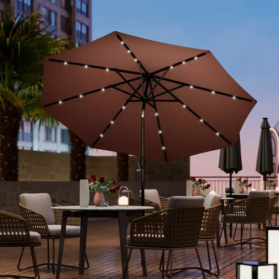 Buy Outsunny Φ2.7m Garden 24 LED Light Parasol Solar Outdoor Tilt Sun Umbrella Patio Club Party Event Manual Sun Shade w/ Hand Crank and 8 Ribs, Brown, 9 image