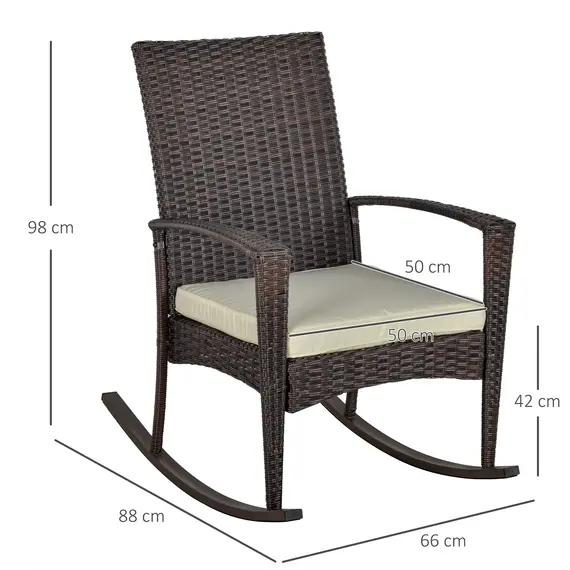 Buy Outsunny PE Rattan Garden Rocking Chair, Outdoor Rocking with Cushion, 160 KG Capacity Wicker Garden Armchair Rocker with Metal Frame for Patio, Porch, Balcony, Brown, 3 image