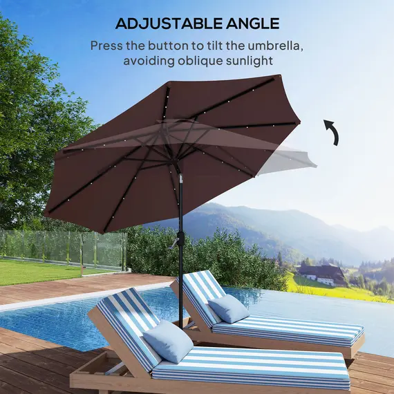 Buy Outsunny Φ2.7m Garden 24 LED Light Parasol Solar Outdoor Tilt Sun Umbrella Patio Club Party Event Manual Sun Shade w/ Hand Crank and 8 Ribs, Brown, 6 image