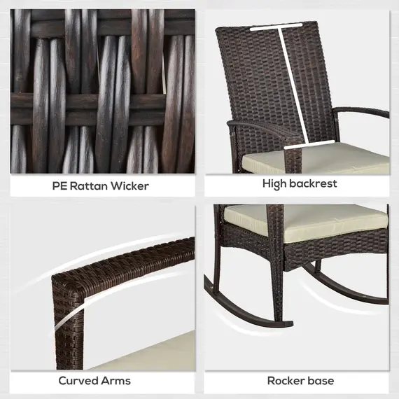 Buy Outsunny PE Rattan Garden Rocking Chair, Outdoor Rocking with Cushion, 160 KG Capacity Wicker Garden Armchair Rocker with Metal Frame for Patio, Porch, Balcony, Brown, 6 image