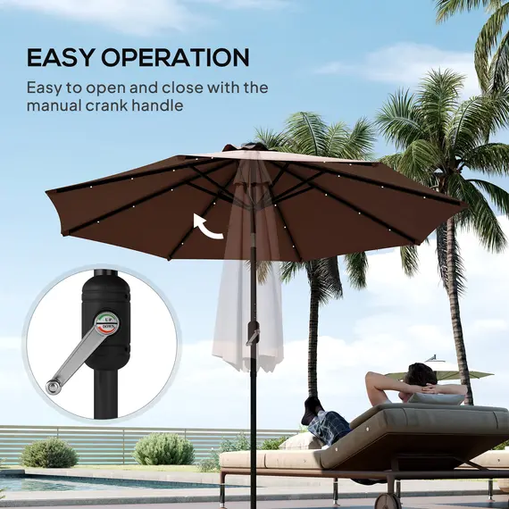 Buy Outsunny Φ2.7m Garden 24 LED Light Parasol Solar Outdoor Tilt Sun Umbrella Patio Club Party Event Manual Sun Shade w/ Hand Crank and 8 Ribs, Brown, 7 image