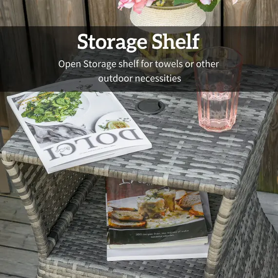Buy Outdoor Patio Rattan Wicker Coffee Table Bistro Side Table w/ Umbrella Hole and Storage Space, Grey, 7 image