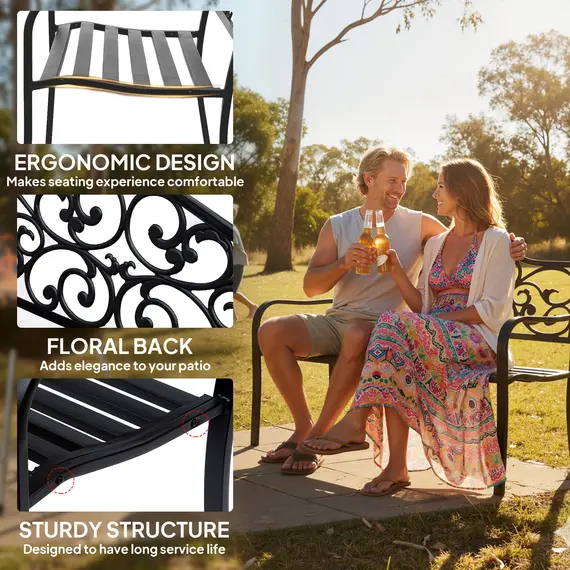 Buy Metal Garden Bench with Floral Backrest and Armrests - Black, 5 image