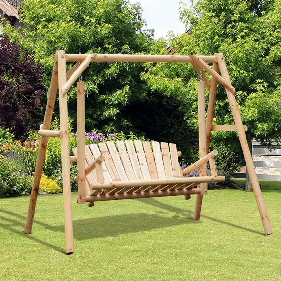 Buy Outsunny Outdoor 2 Seater Swing Chair Larch Wood Garden Swing Seat Porch Hammock Bench Lounger, 2 image