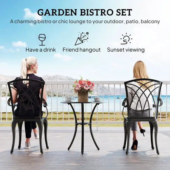 Buy Outsunny 3 Pieces Garden Dining Set for 2, Cast Aluminium Outdoor Dining Set with 2 Armchairs and Round Dining Table with Parasol Hole, Garden Furniture Bistro Set, Brown, 4 image