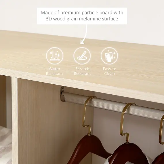 Buy Open Wardrobe on Wheels, Bedroom Wardrobe with Clothes Hanging Rail, 3 Storage Shelves, Mobile Garment Rack for Cloakroom, Hallway, Maple Wood-Effect, 6 image