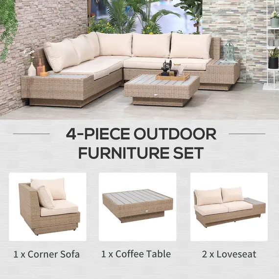 Buy Outsunny 4 Pieces Rattan Garden Furniture Set, Garden Corner Sofa with Side Trays, Wicker Conservatory Furniture Set with Loveseats, Slatted Plastic Top Coffee Table and Cushions, Beige, 6 image