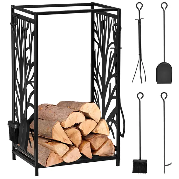 Buy HOMCOM Steel Firewood Log Holder Indoor Outdoor Firewood Rack Fireplace Wood Storage Shelf with 4 Tools, Hooks, Tree Pattern Design, Rust-Resistant, Black, 46W x 30D x 70H cm