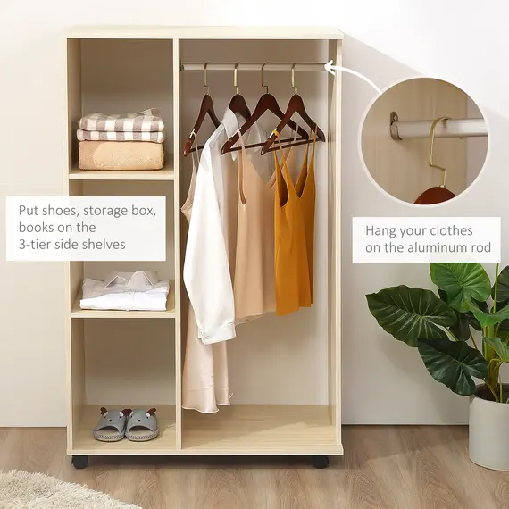 Buy Open Wardrobe on Wheels, Bedroom Wardrobe with Clothes Hanging Rail, 3 Storage Shelves, Mobile Garment Rack for Cloakroom, Hallway, Maple Wood-Effect, 7 image