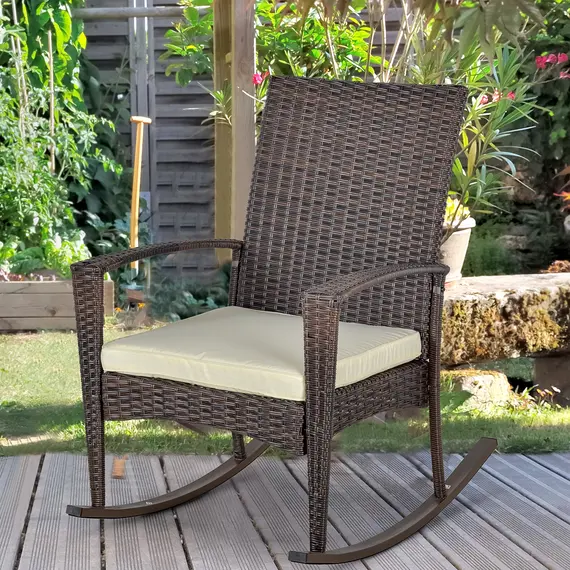 Buy Outsunny PE Rattan Garden Rocking Chair, Outdoor Rocking with Cushion, 160 KG Capacity Wicker Garden Armchair Rocker with Metal Frame for Patio, Porch, Balcony, Brown, 2 image