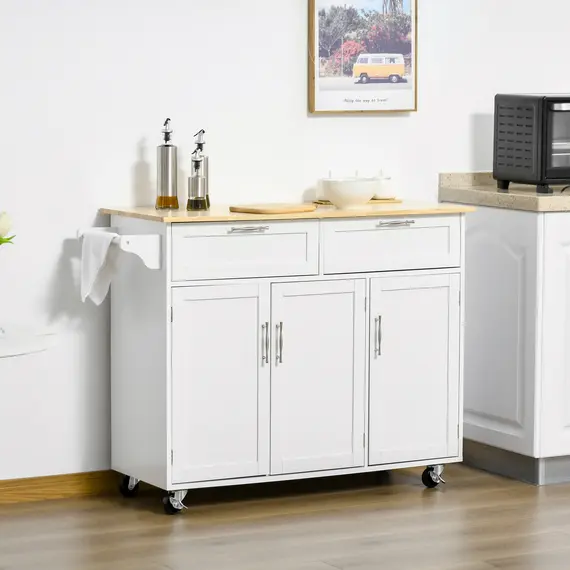 Buy Kitchen Island Utility Cart, with 2 Storage Drawers & Cabinets for Dining Room, White, 2 image