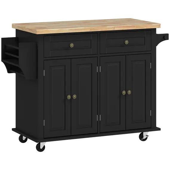 Buy Rolling Kitchen Island Storage Trolley with Rubber Wood Top & Drawers for Dining Room, Black