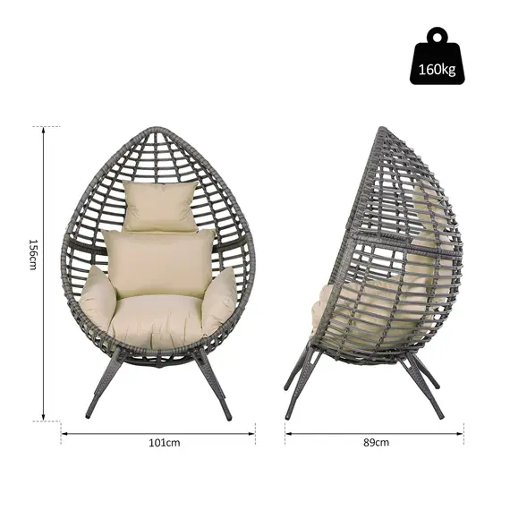 Buy Outsunny Garden Egg Chair, Teardrop Outdoor PE Rattan Chair with Full-body Soft Padded Cushion, Grey, 3 image