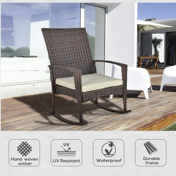 Buy Outsunny PE Rattan Garden Rocking Chair, Outdoor Rocking with Cushion, 160 KG Capacity Wicker Garden Armchair Rocker with Metal Frame for Patio, Porch, Balcony, Brown, 4 image