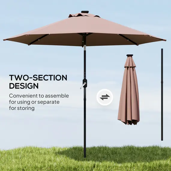 Buy Outsunny Φ2.7m Garden 24 LED Light Parasol Solar Outdoor Tilt Sun Umbrella Patio Club Party Event Manual Sun Shade w/ Hand Crank and 8 Ribs, Brown, 8 image