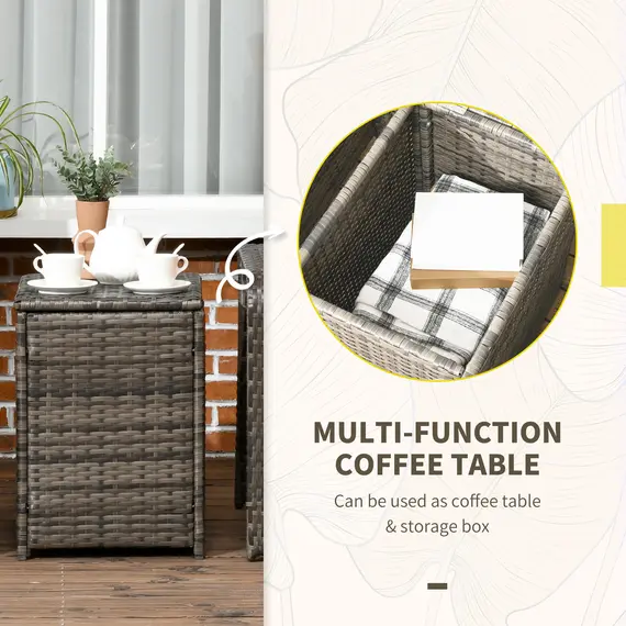 Buy 3 Pieces Rattan Bistro Set, Wicker Garden Furniture Set with Storage Coffee Table and Chairs, Thickened Cushions for Outdoor, Patio, Balcony, Grey, 5 image